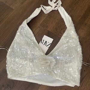 Zara White Sequin Halter Top